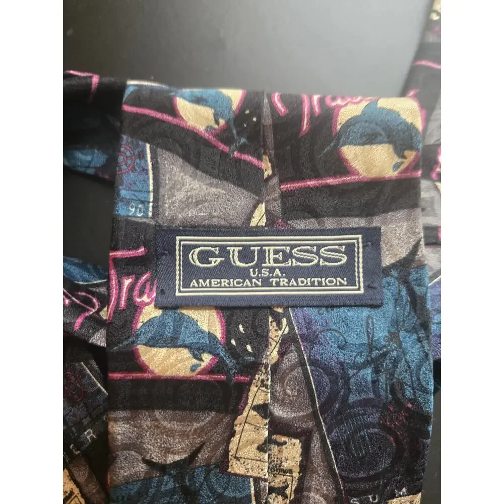 Guess usa vintage necktie multicolor dolphins 100% silk made in USA traditional